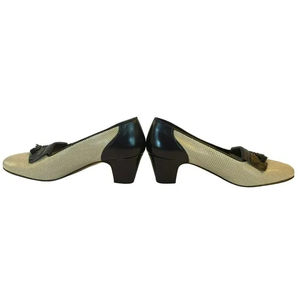 Vintage Breazioni Arabella US9 Heels Shoes Italy Navy White Leather Vero Cuoio