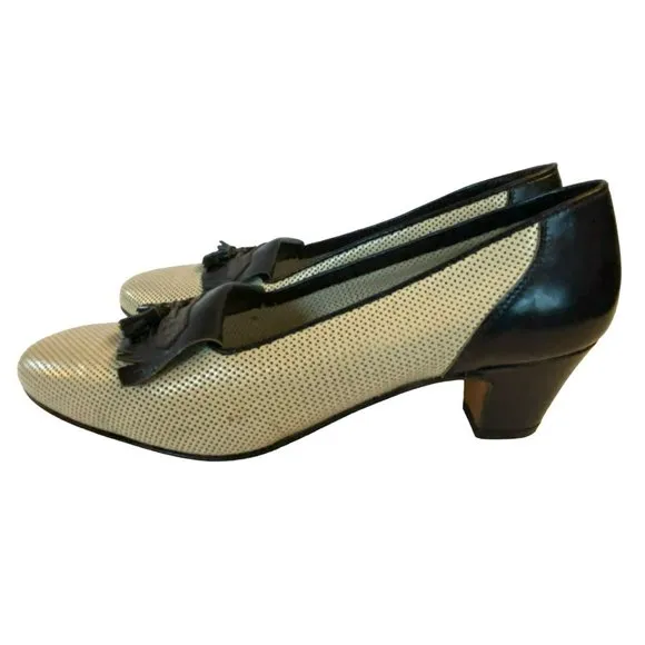 Vintage Breazioni Arabella US9 Heels Shoes Italy Navy White Leather Vero Cuoio
