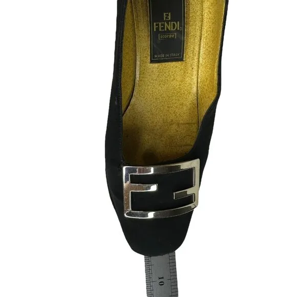 Vintage Fendi Scarpe Logo Shoes Pump Fabric Square Heel Black Size US 4 EU 35
