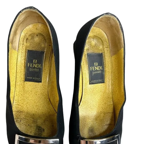 Vintage Fendi Scarpe Logo Shoes Pump Fabric Square Heel Black Size US 4 EU 35