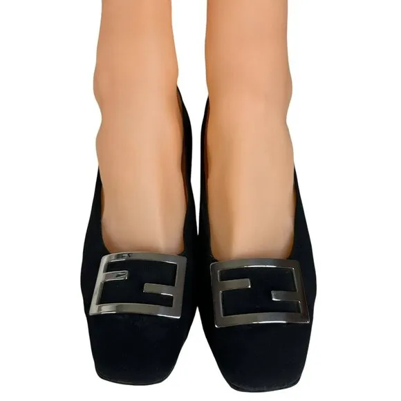Vintage Fendi Scarpe Logo Shoes Pump Fabric Square Heel Black Size US 4 EU 35