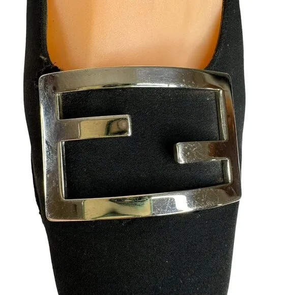 Vintage Fendi Scarpe Logo Shoes Pump Fabric Square Heel Black Size US 4 EU 35