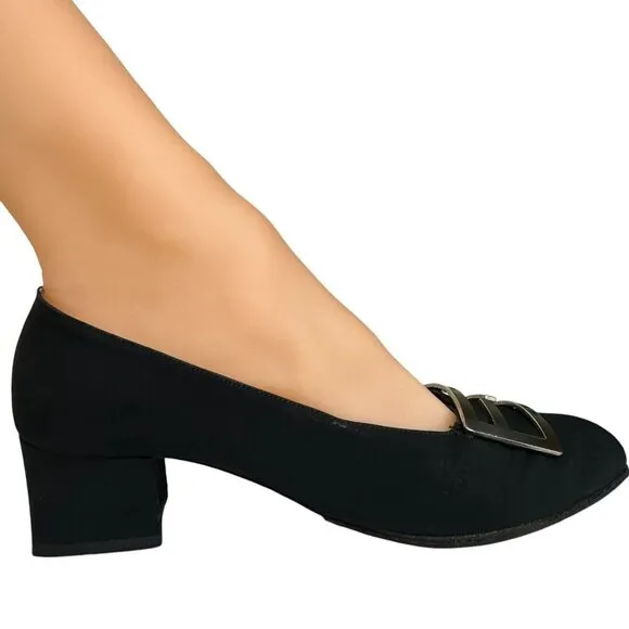 Vintage Fendi Scarpe Logo Shoes Pump Fabric Square Heel Black Size US 4 EU 35