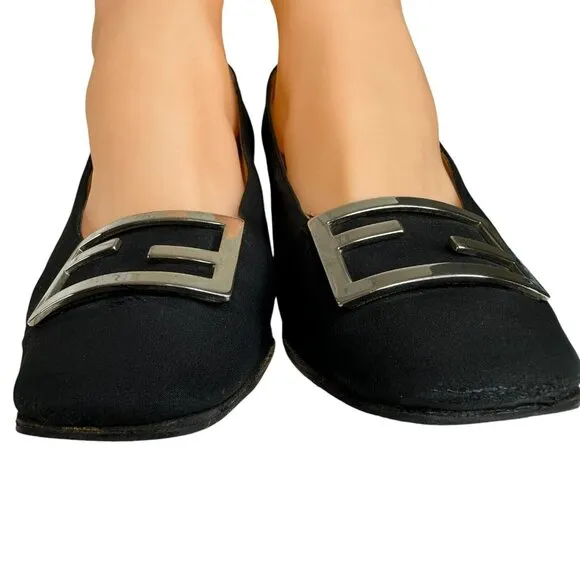 Vintage Fendi Scarpe Logo Shoes Pump Fabric Square Heel Black Size US 4 EU 35