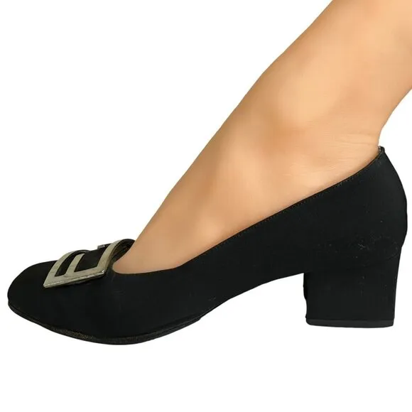 Vintage Fendi Scarpe Logo Shoes Pump Fabric Square Heel Black Size US 4 EU 35