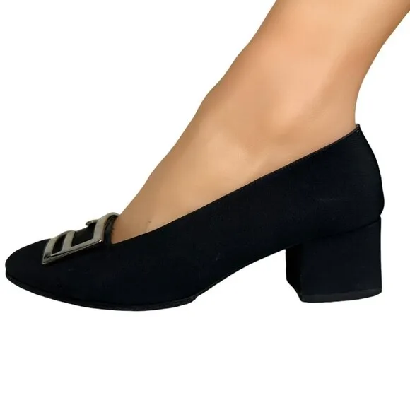 Vintage Fendi Scarpe Logo Shoes Pump Fabric Square Heel Black Size US 4 EU 35