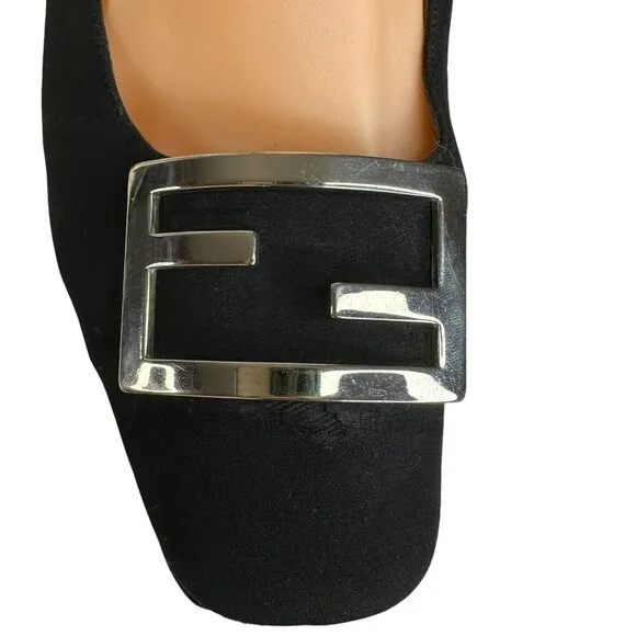 Vintage Fendi Scarpe Logo Shoes Pump Fabric Square Heel Black Size US 4 EU 35