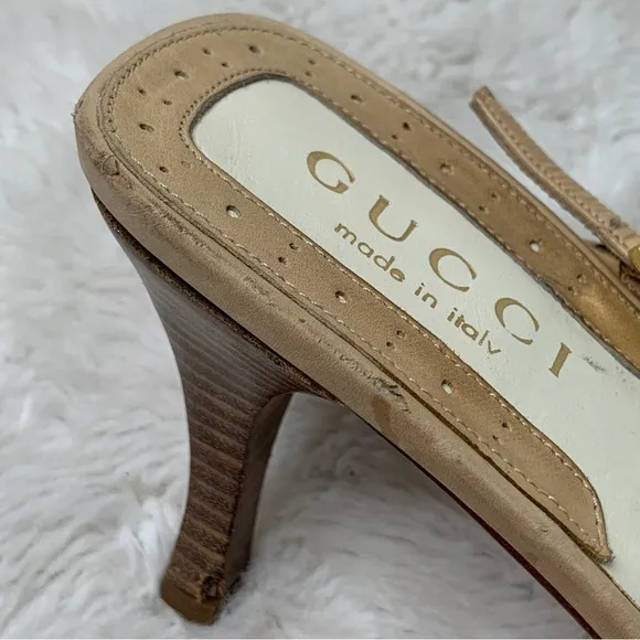 Vintage Gucci Women's Tan Cream Square Toe Strap Slingback Pumps Shoes Size 9.5