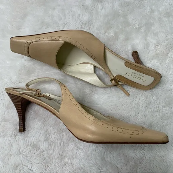 Vintage Gucci Women's Tan Cream Square Toe Strap Slingback Pumps Shoes Size 9.5