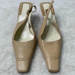 Vintage Gucci Women's Tan Cream Square Toe Strap Slingback Pumps Shoes Size 9.5