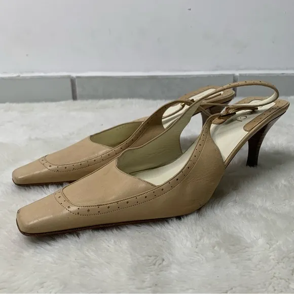 Vintage Gucci Women's Tan Cream Square Toe Strap Slingback Pumps Shoes Size 9.5