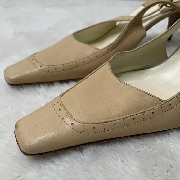 Vintage Gucci Women's Tan Cream Square Toe Strap Slingback Pumps Shoes Size 9.5