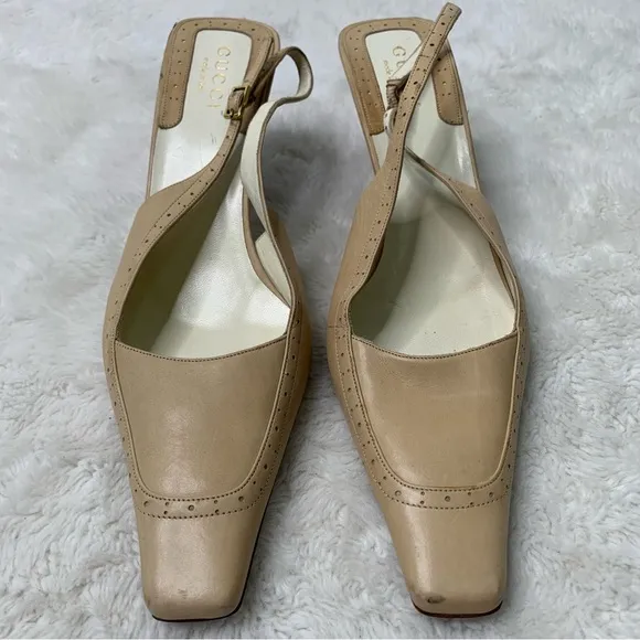 Vintage Gucci Women's Tan Cream Square Toe Strap Slingback Pumps Shoes Size 9.5