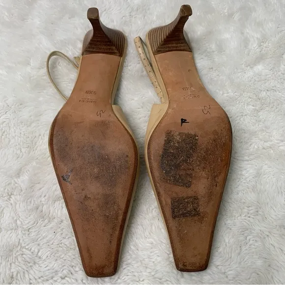 Vintage Gucci Women's Tan Cream Square Toe Strap Slingback Pumps Shoes Size 9.5
