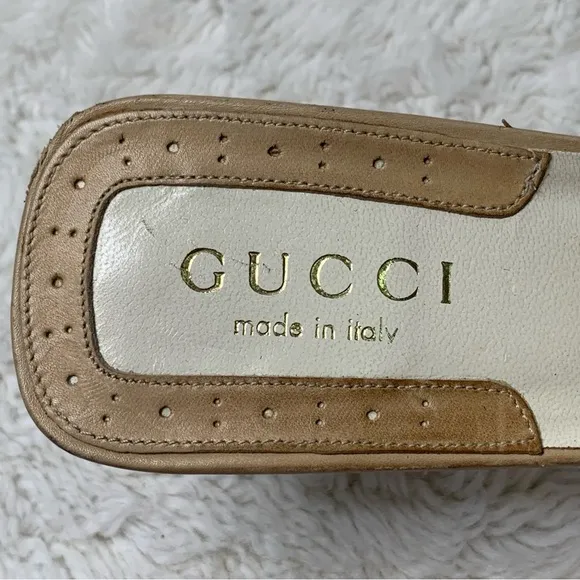 Vintage Gucci Women's Tan Cream Square Toe Strap Slingback Pumps Shoes Size 9.5
