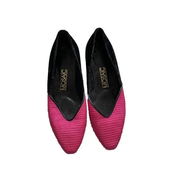 Vintage Mosaic Shoes 7.5 B Low Wedges Heels Pink Black Velvet Pointed Slip On