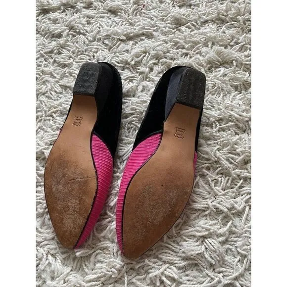 Vintage Mosaic Shoes 7.5 B Low Wedges Heels Pink Black Velvet Pointed Slip On