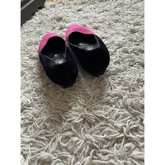 Vintage Mosaic Shoes 7.5 B Low Wedges Heels Pink Black Velvet Pointed Slip On