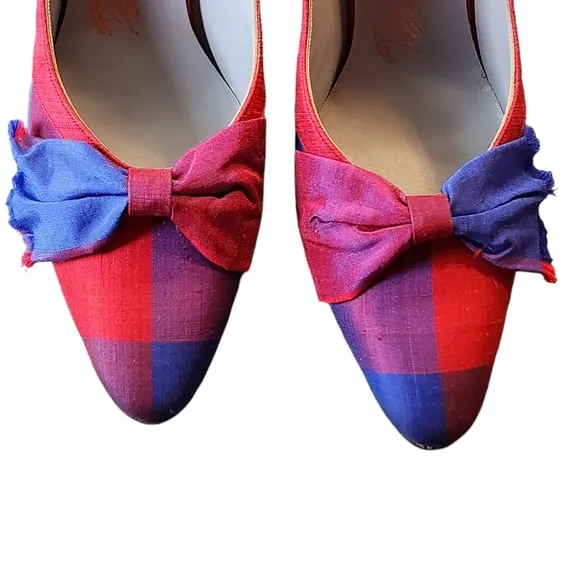 Vintage Palizzio Merlin Blue/Red/Purple Plaid Fabric Slingback Heels Size 8.5AA