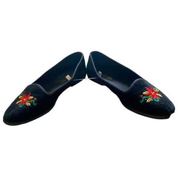 𝅺VINTAGE Tinsel Toes Black Velvet Poinsettia Embroidered Flats 8.5