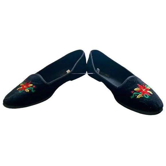 𝅺VINTAGE Tinsel Toes Black Velvet Poinsettia Embroidered Flats 8.5
