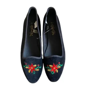 𝅺VINTAGE Tinsel Toes Black Velvet Poinsettia Embroidered Flats 8.5