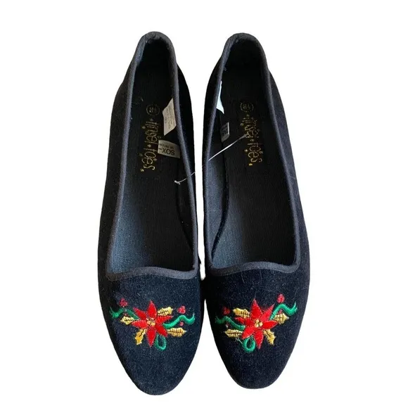 𝅺VINTAGE Tinsel Toes Black Velvet Poinsettia Embroidered Flats 8.5