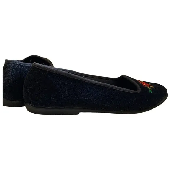 𝅺VINTAGE Tinsel Toes Black Velvet Poinsettia Embroidered Flats 8.5