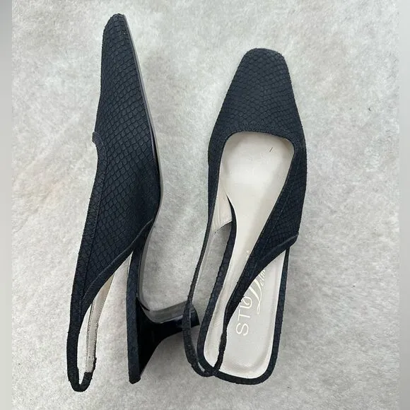 Vintage 90’s Snake Reptile Embossed Leather Black Sling Back Low Heel Shoes 8