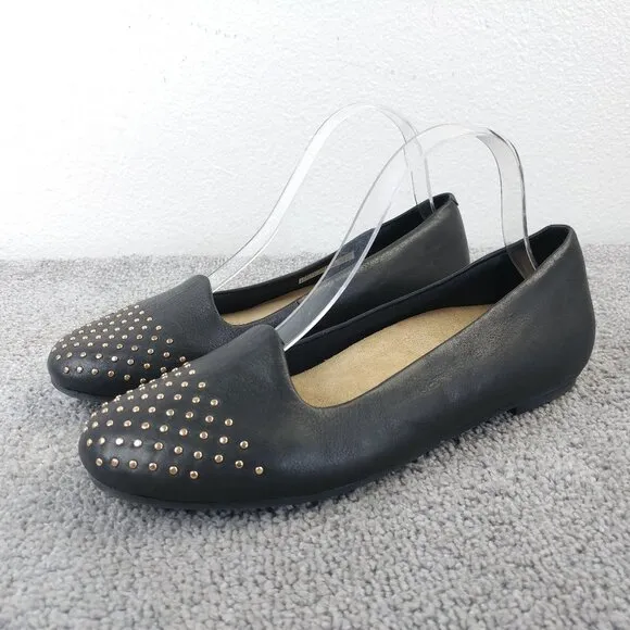 Vionic Bondi Womens Size 9.5 Shoes Gold Studded Leather Slip On Flats Black