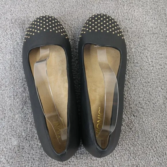 Vionic Bondi Womens Size 9.5 Shoes Gold Studded Leather Slip On Flats Black