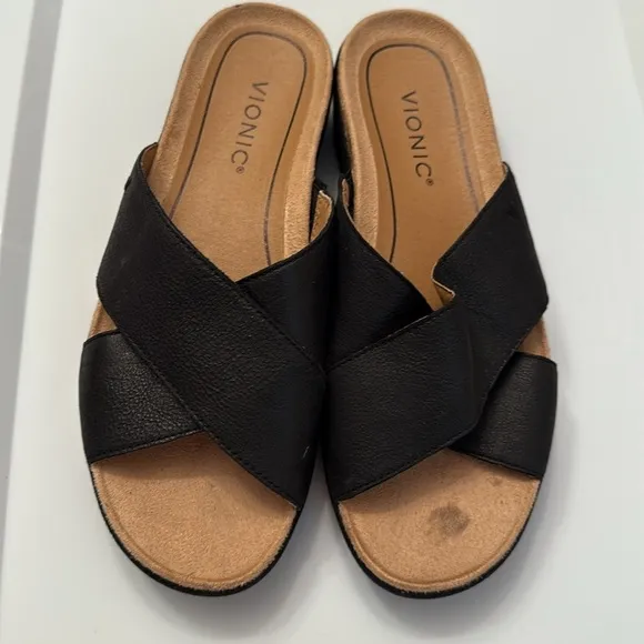 VIONIC HAYDEN 10010219 BLACK LEATHER WEDGE SLIDE SANDAL 8.5