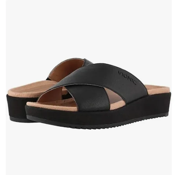 VIONIC HAYDEN 10010219 BLACK LEATHER WEDGE SLIDE SANDAL 8.5
