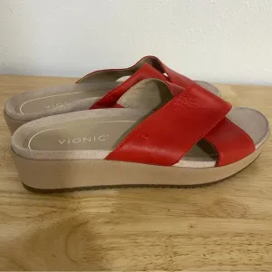 Vionic Hayden Sandals Womens 10 Red Leather Comfort Slip On Slide Shoe Strappy