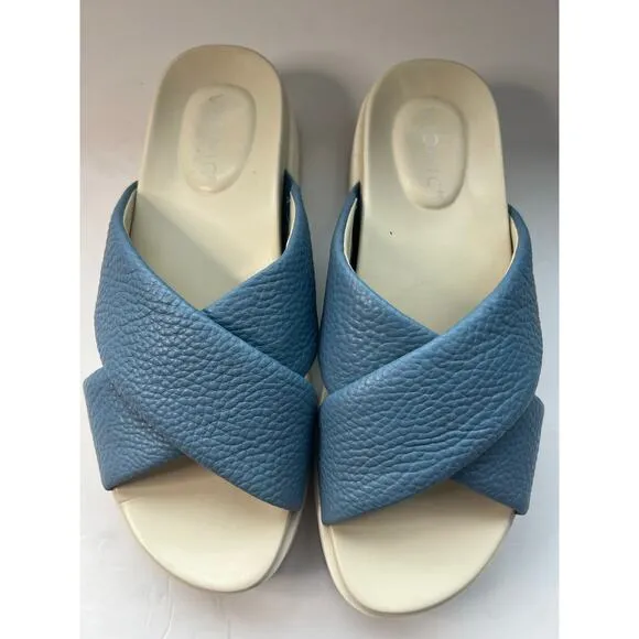 Vionic Vesta Pebbled Blue Leather CrissCross Slide On Comfort Platform Sandals 9
