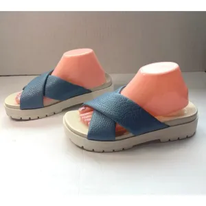 Vionic Vesta Pebbled Blue Leather CrissCross Slide On Comfort Platform Sandals 9