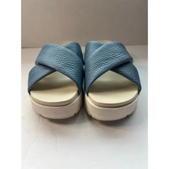 Vionic Vesta Pebbled Blue Leather CrissCross Slide On Comfort Platform Sandals 9