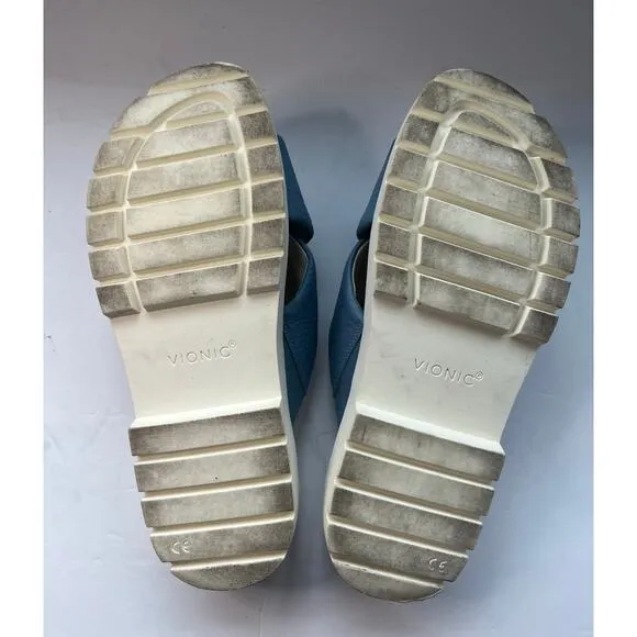 Vionic Vesta Pebbled Blue Leather CrissCross Slide On Comfort Platform Sandals 9