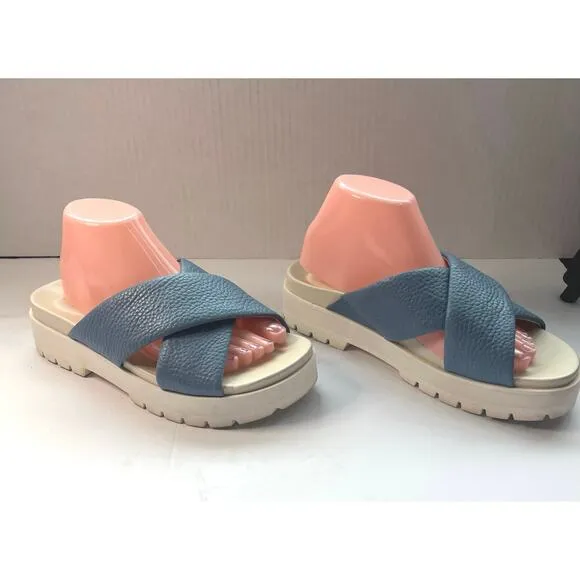 Vionic Vesta Pebbled Blue Leather CrissCross Slide On Comfort Platform Sandals 9