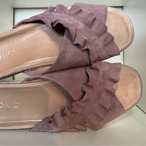Vionic Azalea Womens Ruffle Purple Open Toe Suede Comfort Slide Casual Sandals