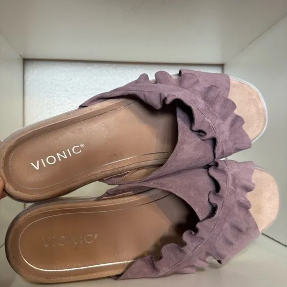 Vionic Azalea Womens Ruffle Purple Open Toe Suede Comfort Slide Casual Sandals