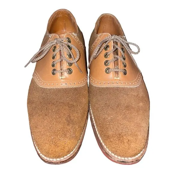 Vtg 80s Florsheim Men's 9.5 C Tan/Brown Suede/Smooth Saddle Shoes Red Soles