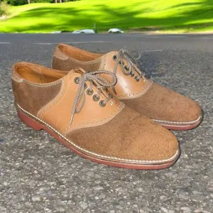 Vtg 80s Florsheim Men's 9.5 C Tan/Brown Suede/Smooth Saddle Shoes Red Soles