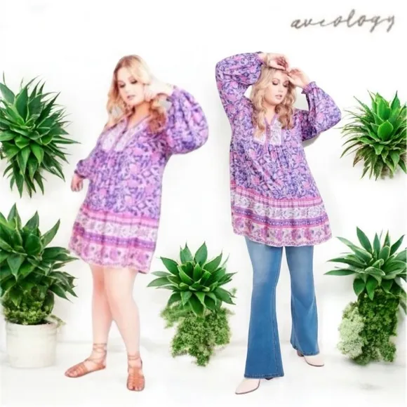 Was $80 AVEOLOGY Boho 2in1 Tunic Dress &amp; Top - Purple Paisley - Size 3X/4X - NWT
