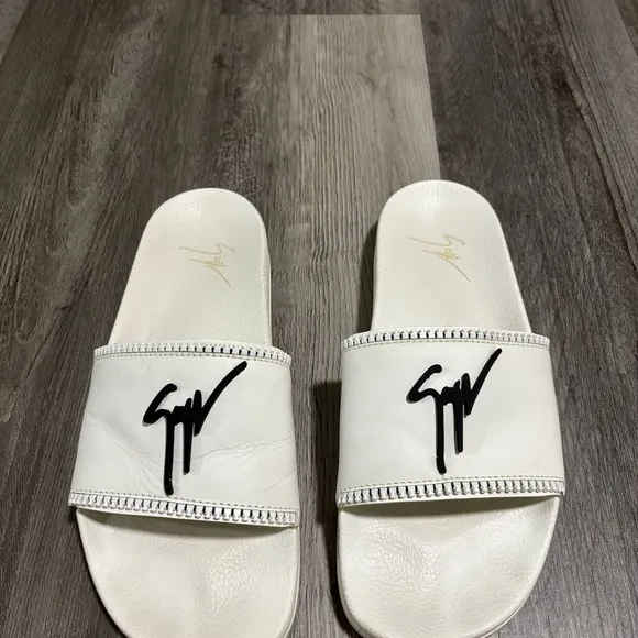 White Slide Sandals with Black Logo