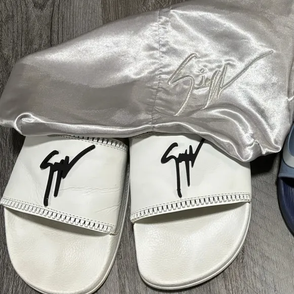 White Slide Sandals with Black Logo