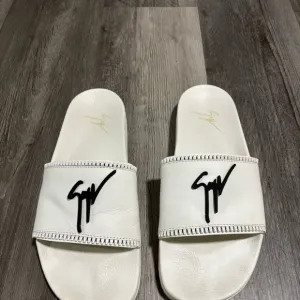 White Slide Sandals with Black Logo