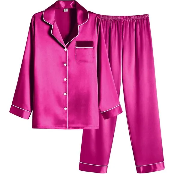 Women Pink Satin Pajamas Set Classic Button Down Long Pjs Set
