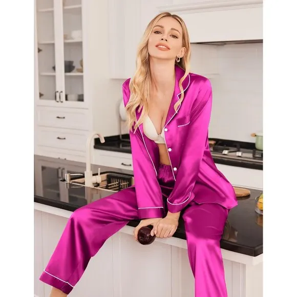 Women Pink Satin Pajamas Set Classic Button Down Long Pjs Set