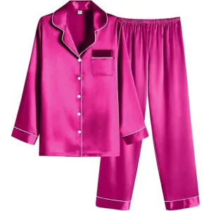 Women Pink Satin Pajamas Set Classic Button Down Long Pjs Set